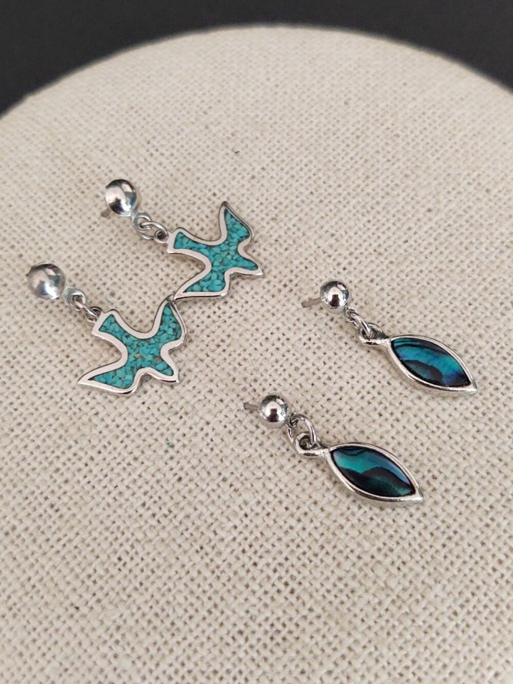 2 pairs of small silver and blue dangle earrings